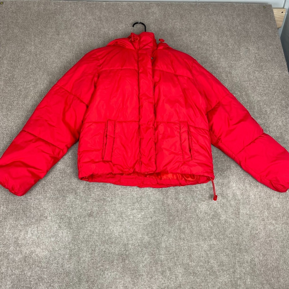 A New Day Hooded Puffer Jacket Womens XS Red Quilted Pockets Water Resistant